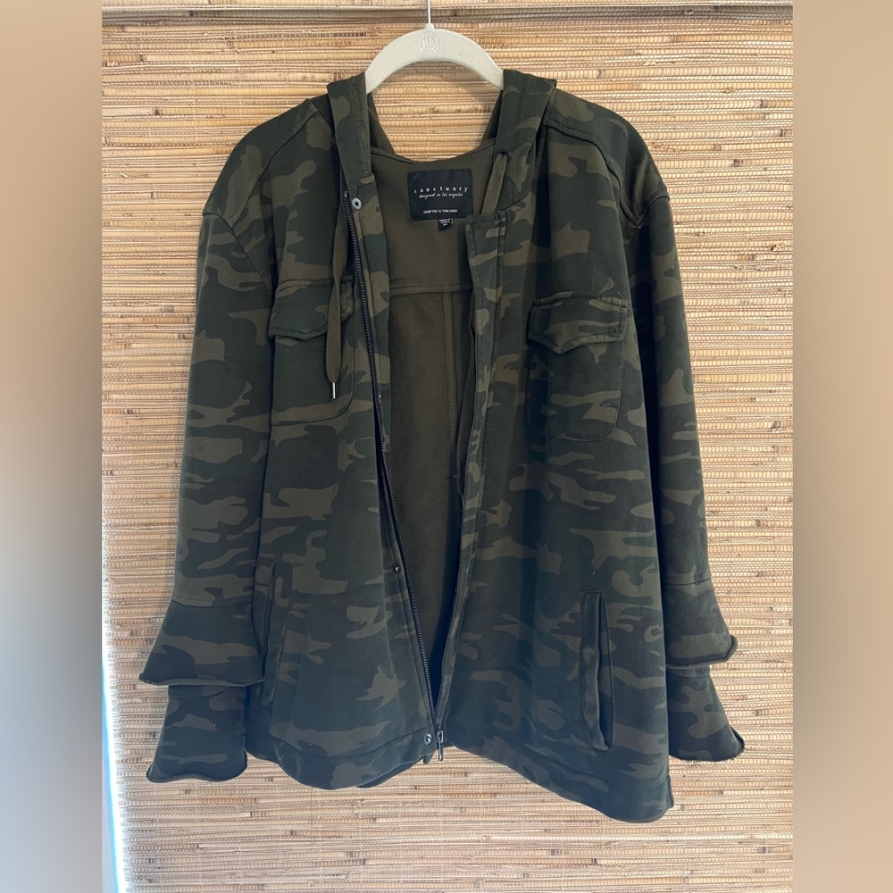 Sanctuary Green Camo Sweater Jacket Hooded Zip Up Ruffle Sleeves